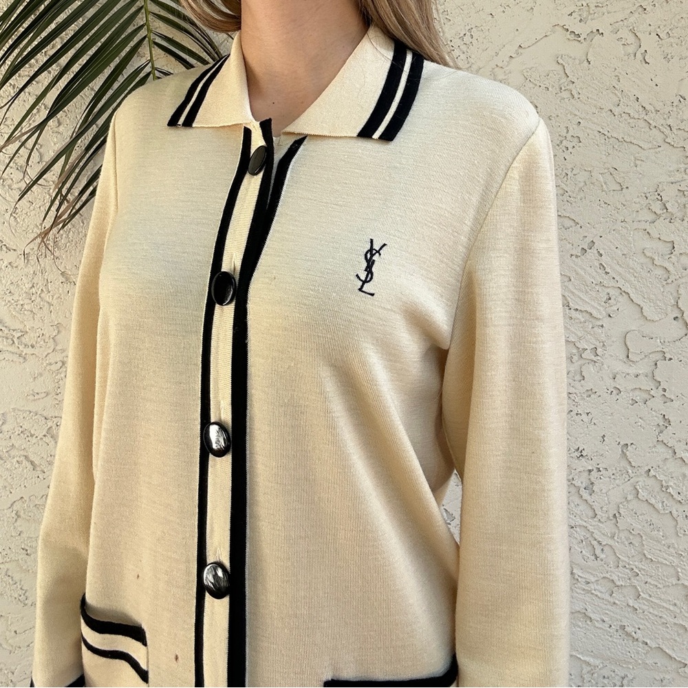 Yves Saint Laurent Cream Knit Polo Cardigan with Black Trim